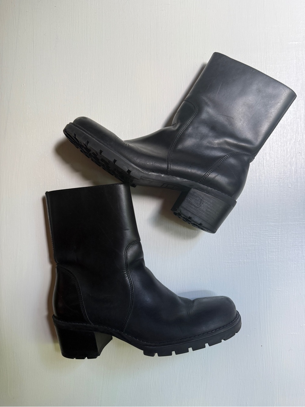 Tommy Hilfiger Black Leather Boots Square Toe Chunky Heel Women 8M Y2K Brazil